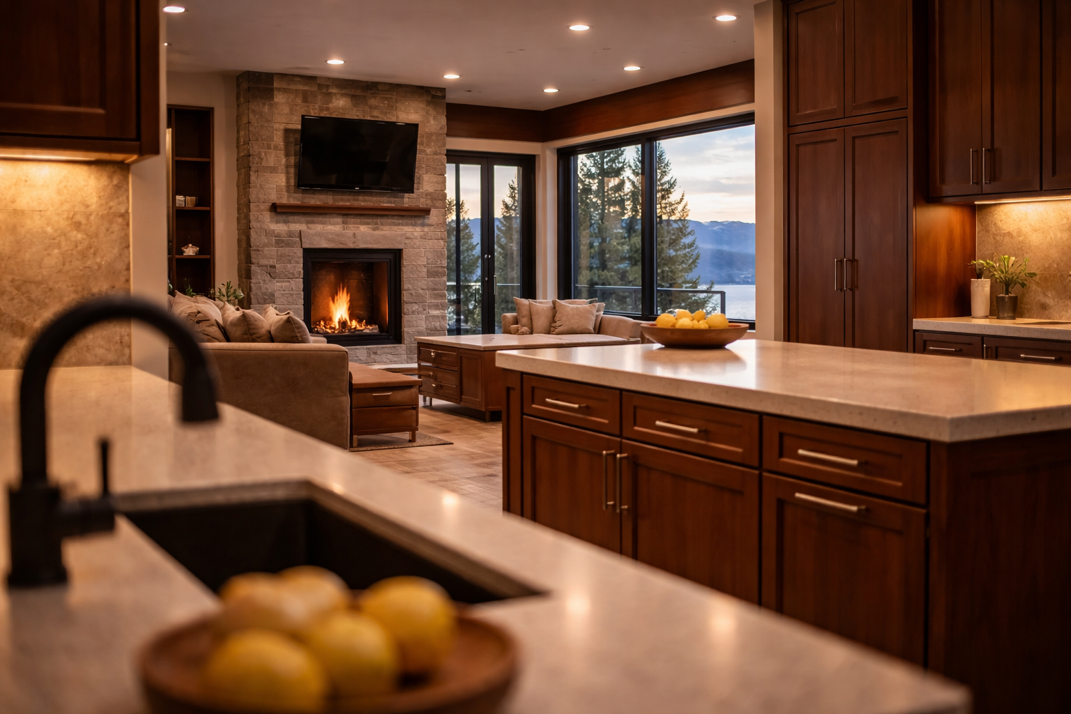 Open concept Incline Village kitchen with large island, quartz countertop, fireplace living room, and lake and mountain views through floor-to-ceiling windows