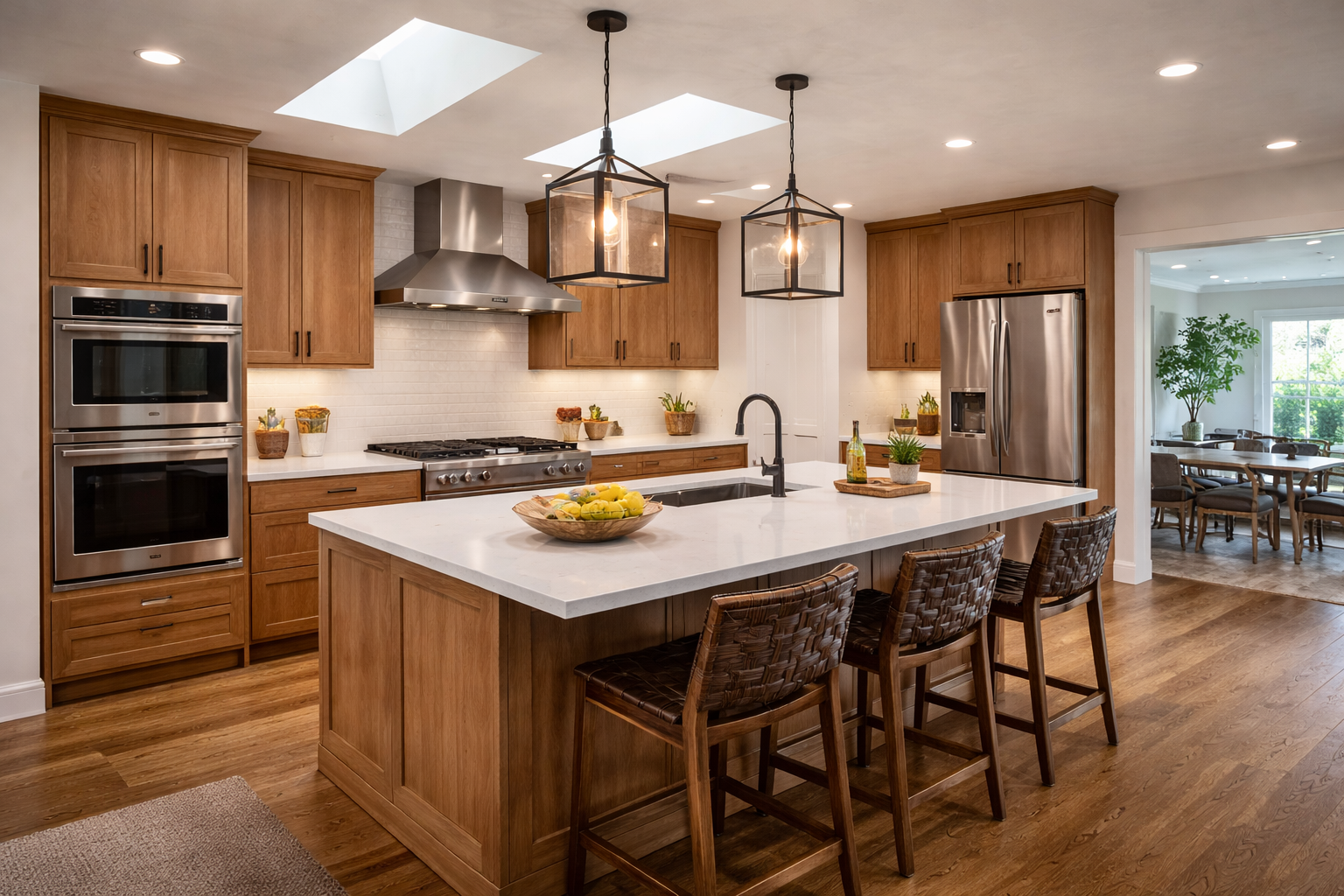 Kitchen remodel overview with updated cabinetry, island seating, new appliances, and coordinated countertop and backsplash finishes