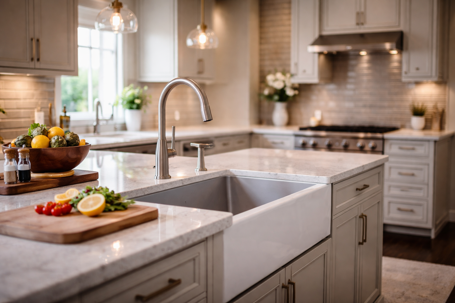 Kitchen sink remodel planning graphic with sink styles, faucet placement, cabinet fit, and countertop cutout notes
