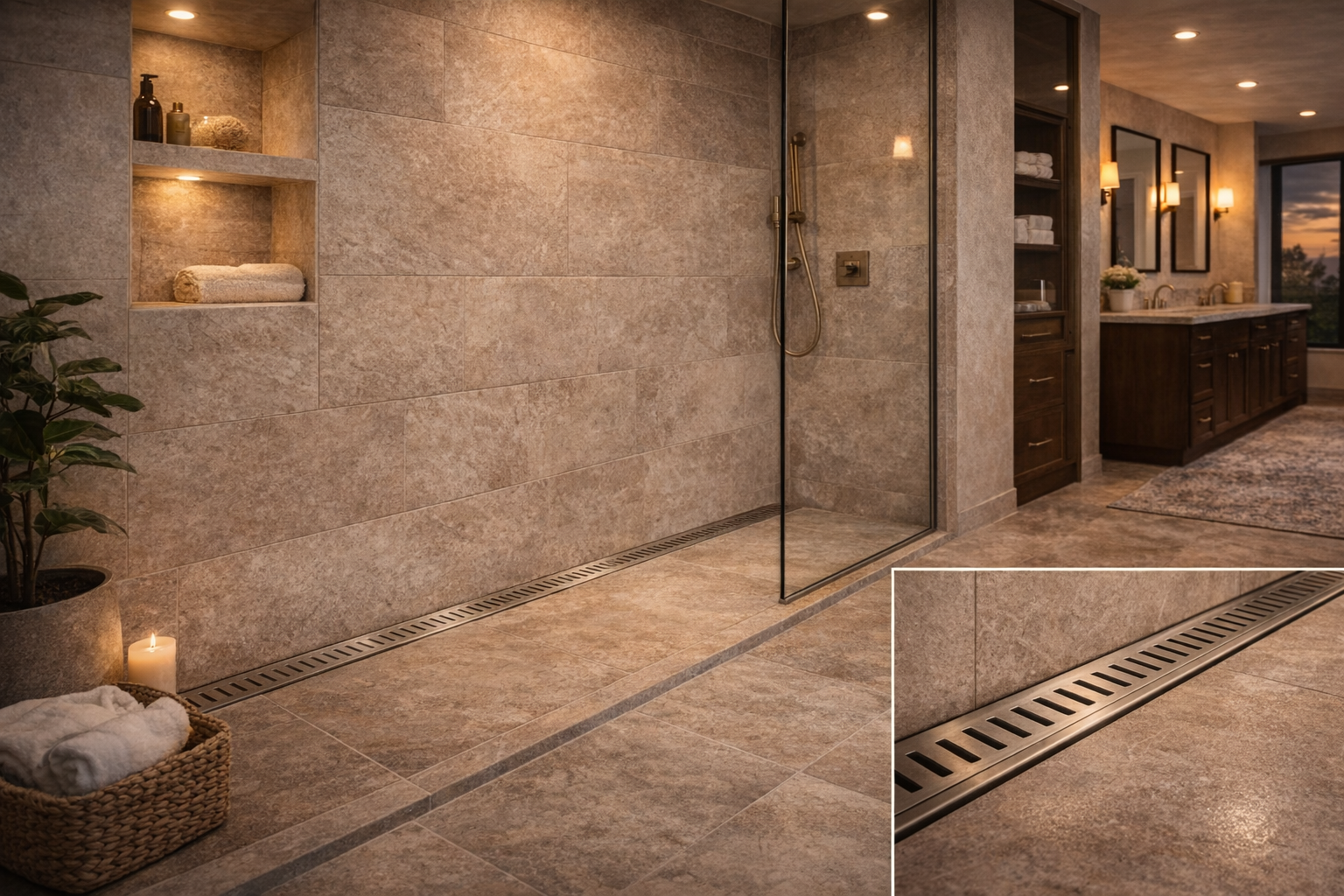 Walk-in shower with a linear drain, large-format floor tile, and a clean low-threshold shower layout