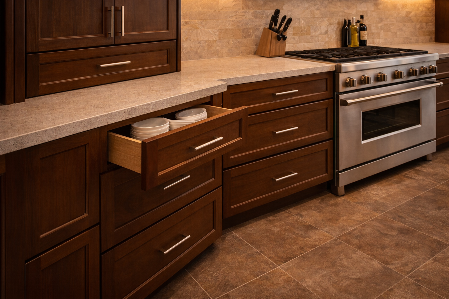 Durable kitchen materials for mountain homes featuring dark wood cabinets, stone backsplash, quartz countertops, stainless steel range, and organized drawer storage