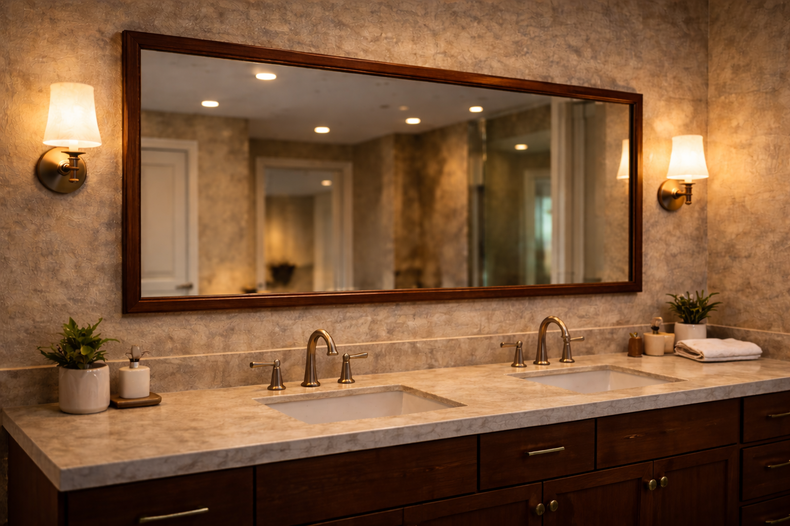 Bathroom mirror planning graphic with mirror shapes, sizing options, lighting layout, and vanity alignment notes