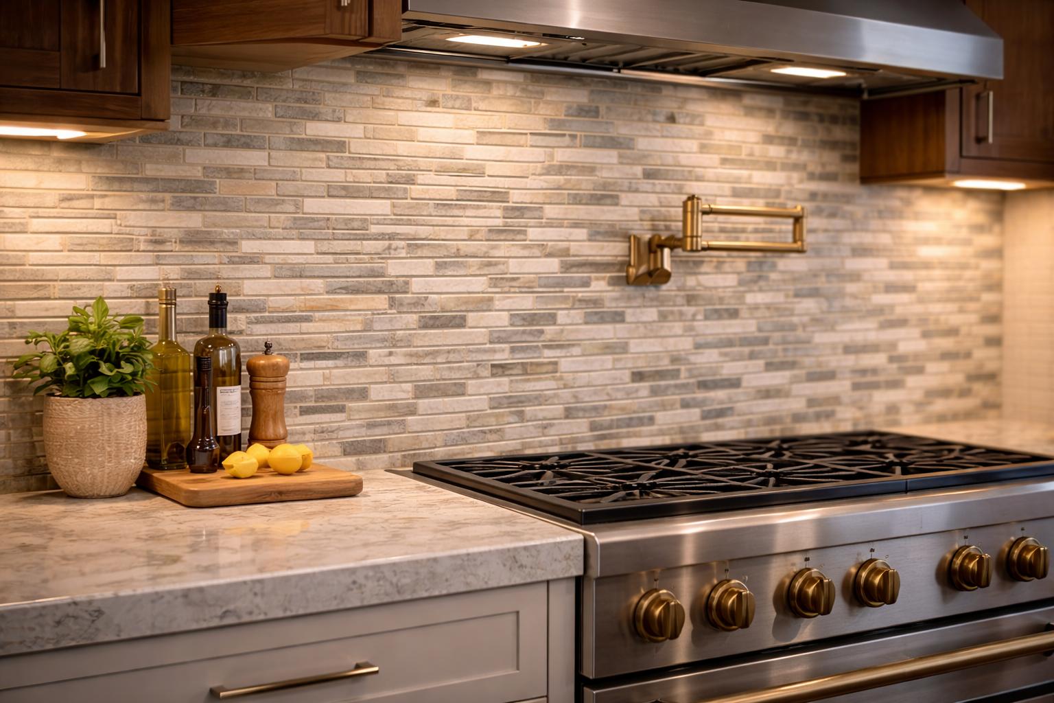 Kitchen backsplash with mosaic tile, mixed pattern detail, countertop transition, and a decorative finish behind the range