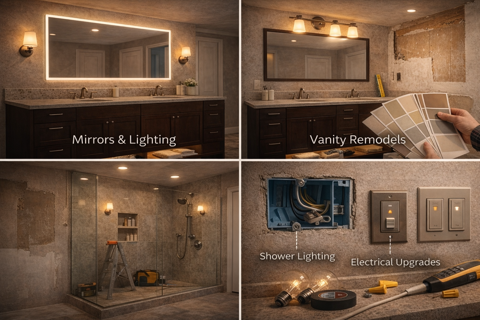 Related bathroom lighting topics covering mirrors, vanity remodels, dimmers, and layered fixture planning