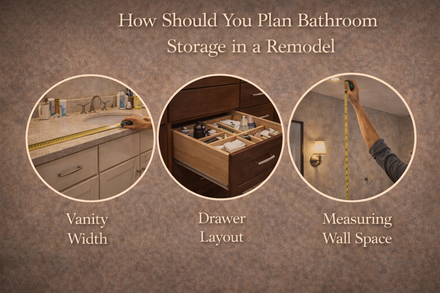 Related bathroom storage topics covering vanity remodels, medicine cabinets, shelving, and organization upgrades