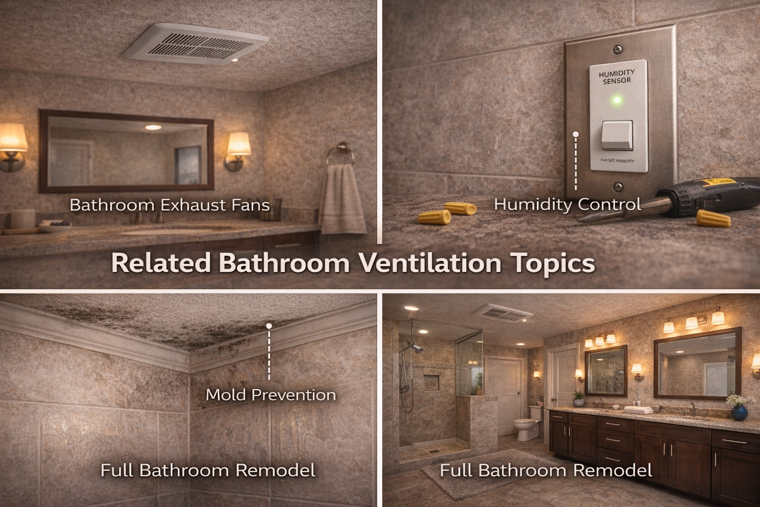 Related bathroom ventilation topics showing exhaust fans, humidity control, mold prevention, and full bathroom remodel work
