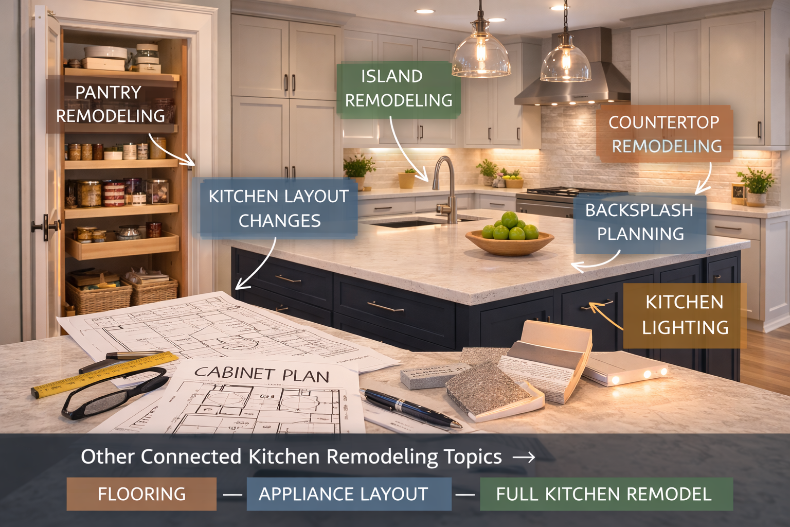 Related cabinet remodel topics covering shaker cabinets, flat-panel styles, custom cabinetry, and kitchen storage planning