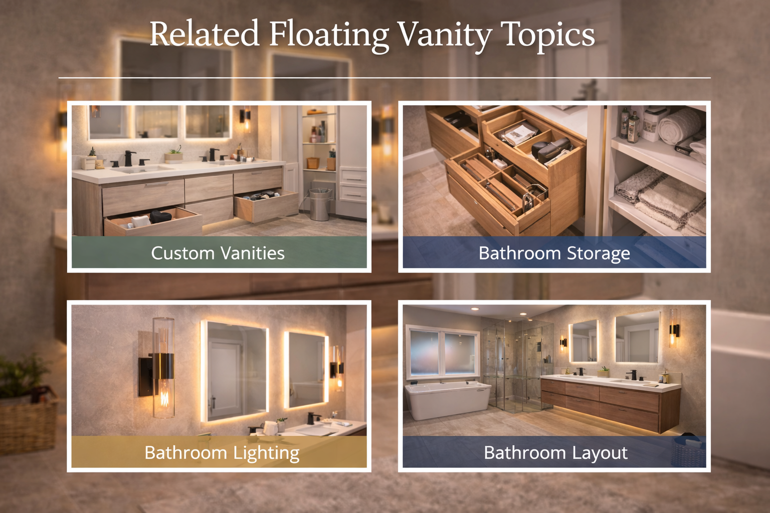 Related floating vanity topics featuring custom vanities, bathroom storage, lighting, and layout ideas
