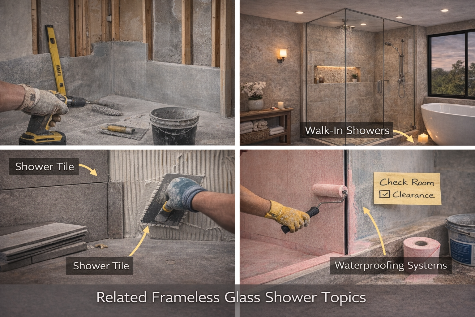 Related frameless glass shower topics covering shower tile, linear drains, hinged doors, and hardware finish planning