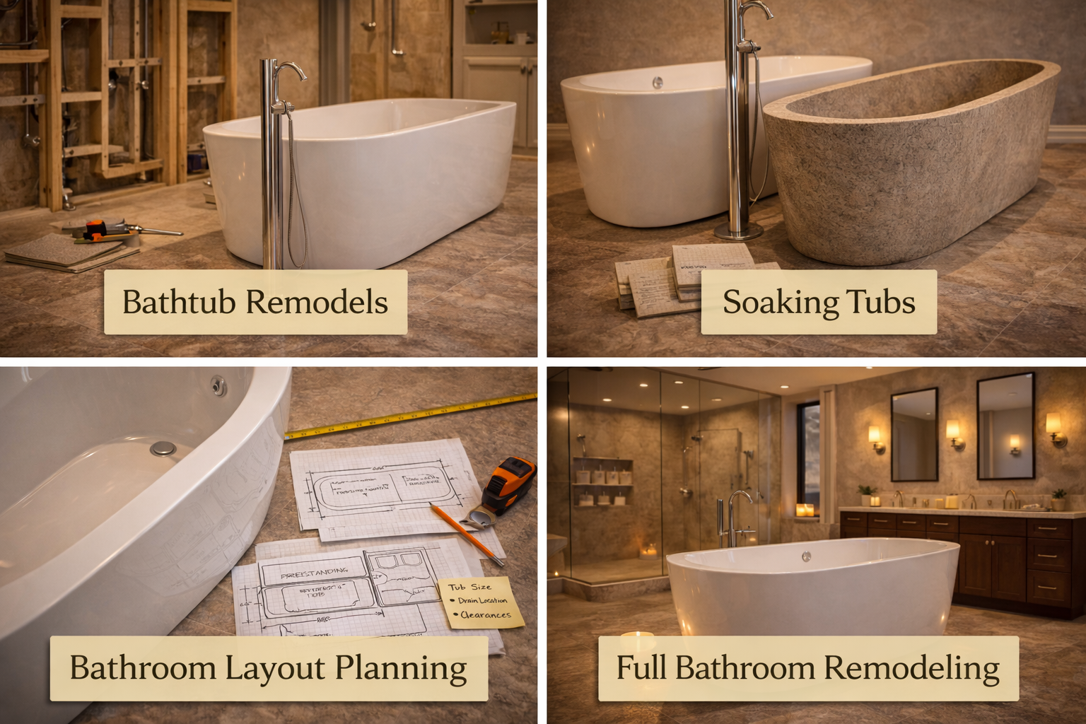 Related freestanding bathtub topics covering soaking tubs, tub fillers, bathroom layout, and bathing area design details