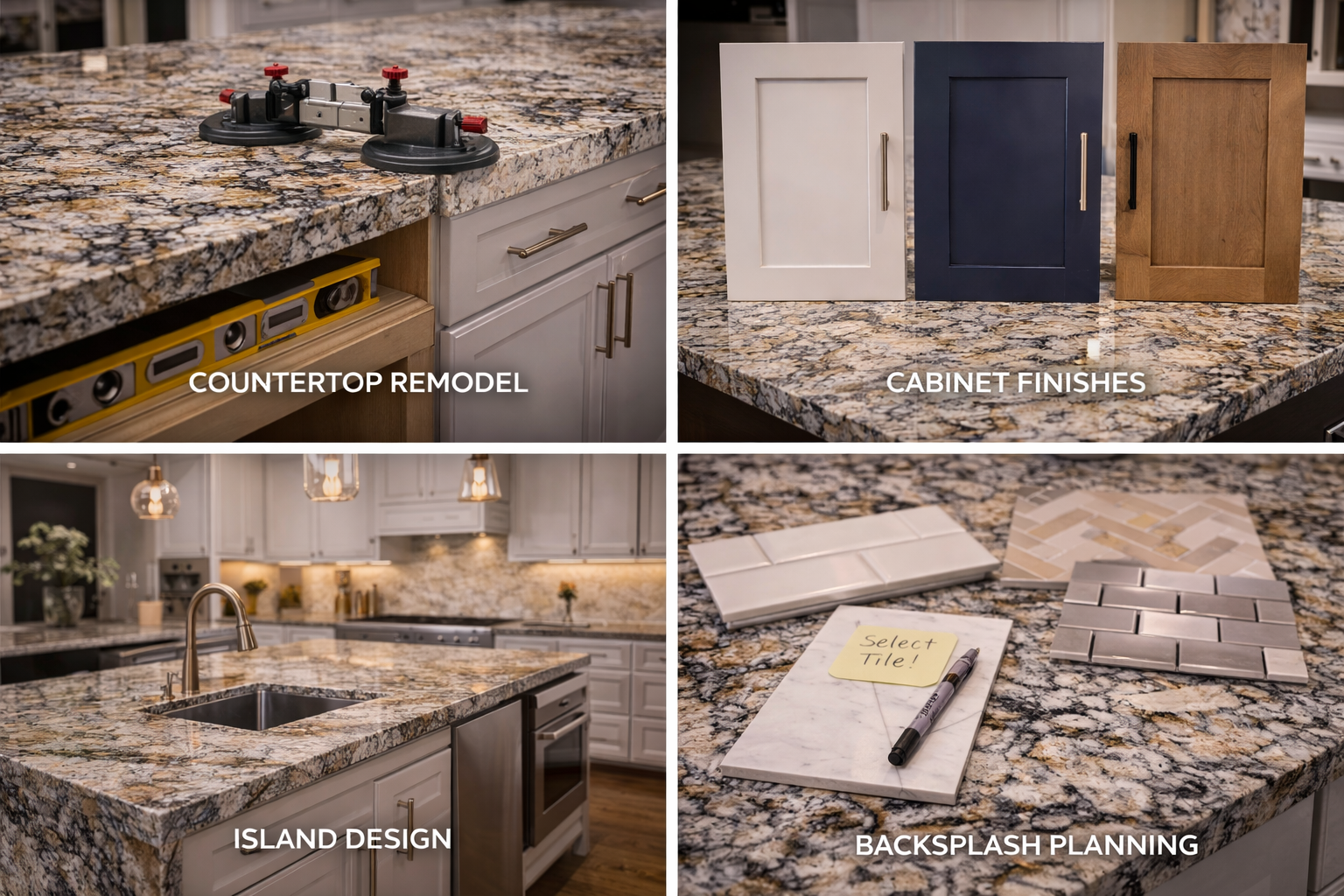 Related granite countertop topics covering backsplash design, slab finishes, edge profiles, and countertop planning details