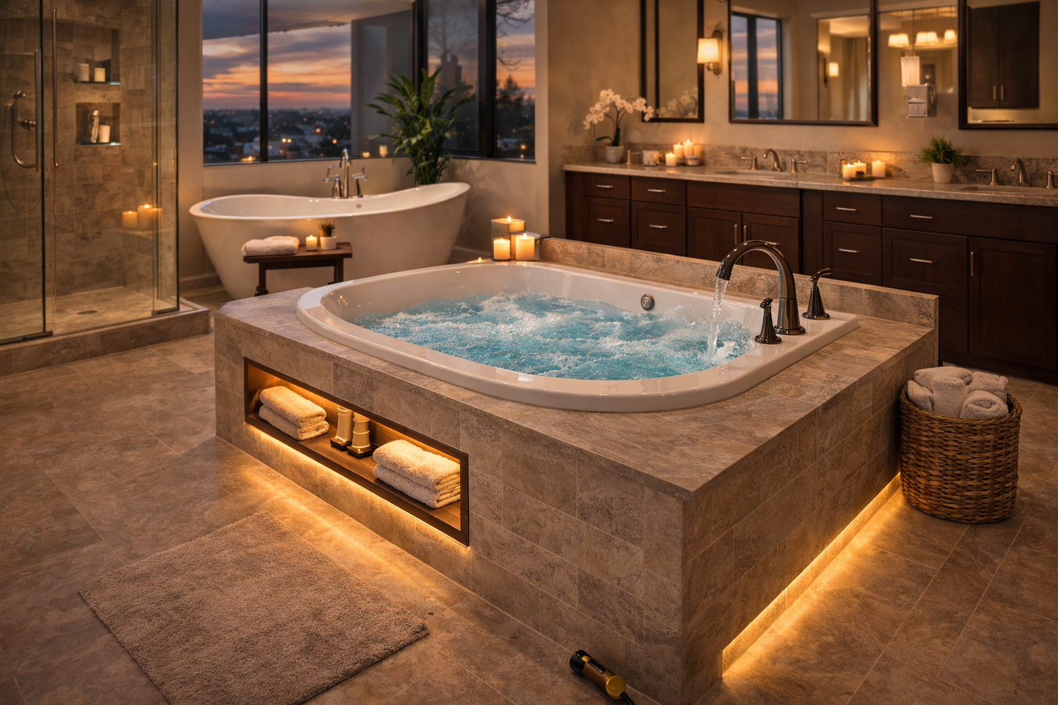 Related jetted bathtub topics covering soaking tubs, tub fillers, bathroom layout, and spa-style bathing upgrades