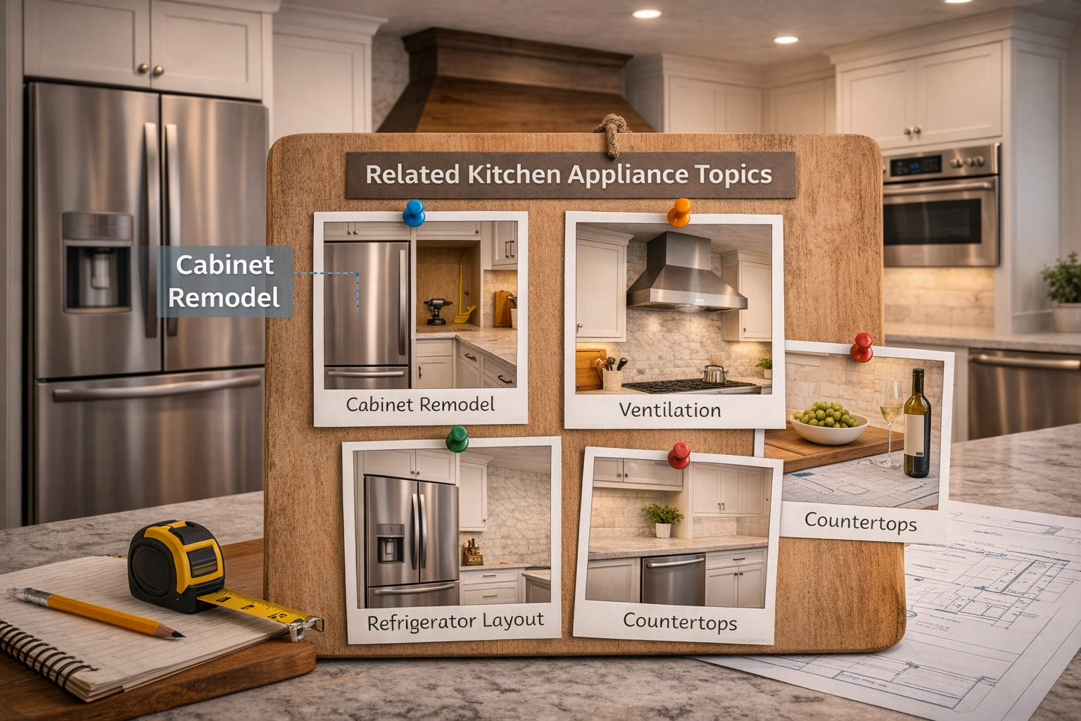 Related kitchen appliance topics covering refrigerators, ranges, dishwashers, ventilation, and cabinet integration