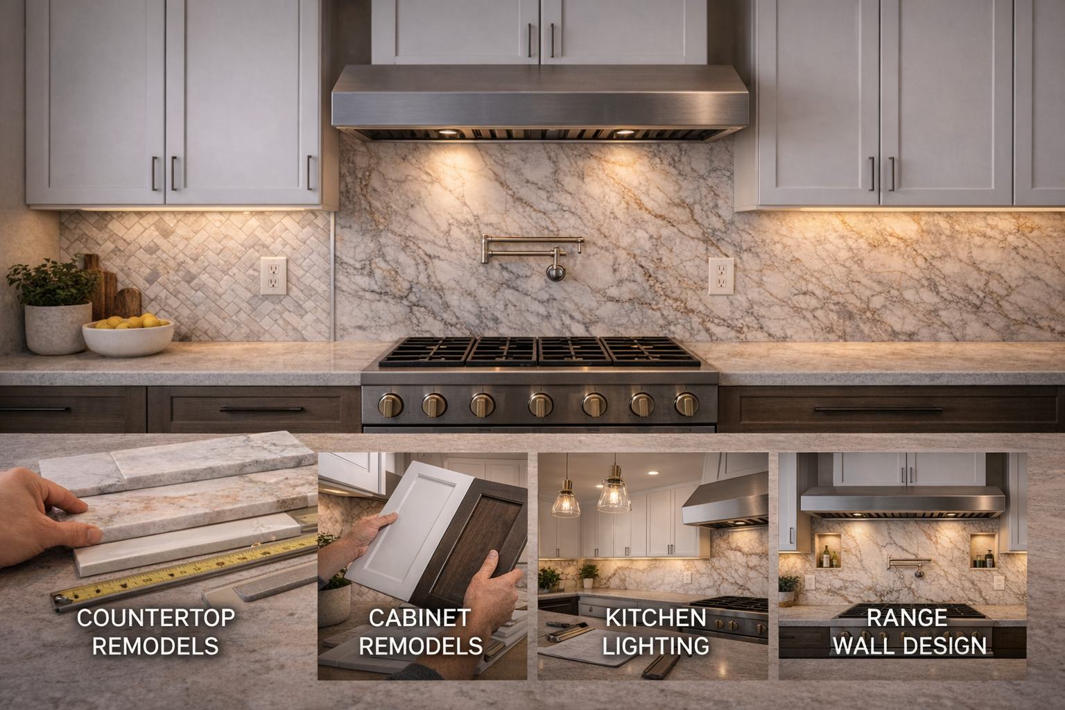 Related kitchen backsplash topics covering subway tile, mosaic patterns, slab backsplashes, grout choices, and wall finishes