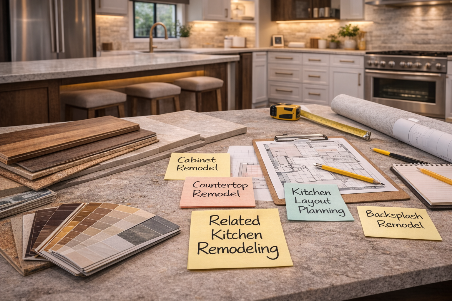 Related kitchen flooring topics covering tile, luxury vinyl, hardwood, transitions, and remodel planning details