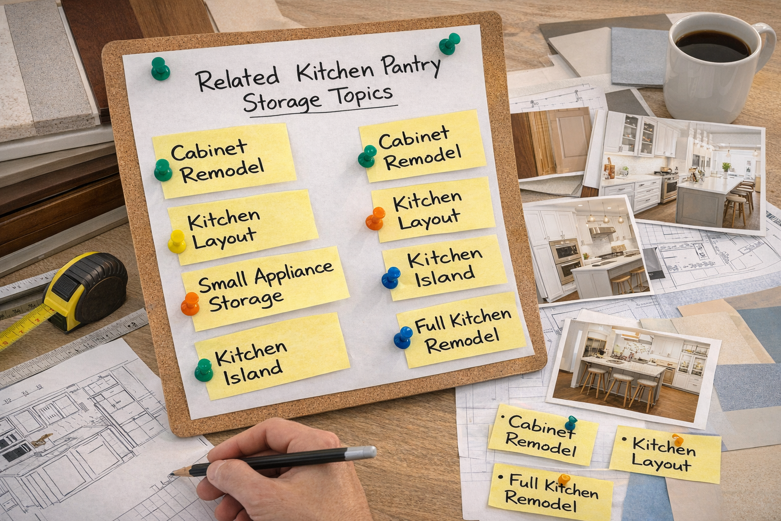 Related pantry storage topics including pantry cabinets, pull-outs, and appliance storage