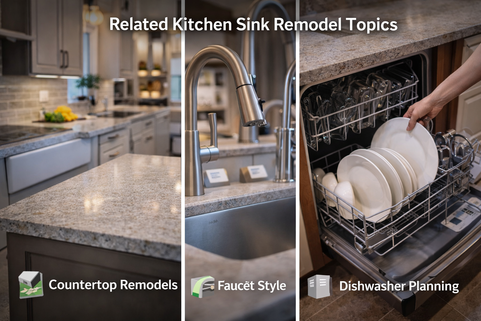 Related kitchen sink remodel topics covering farmhouse sinks, faucets, countertop cutouts, and kitchen workflow planning