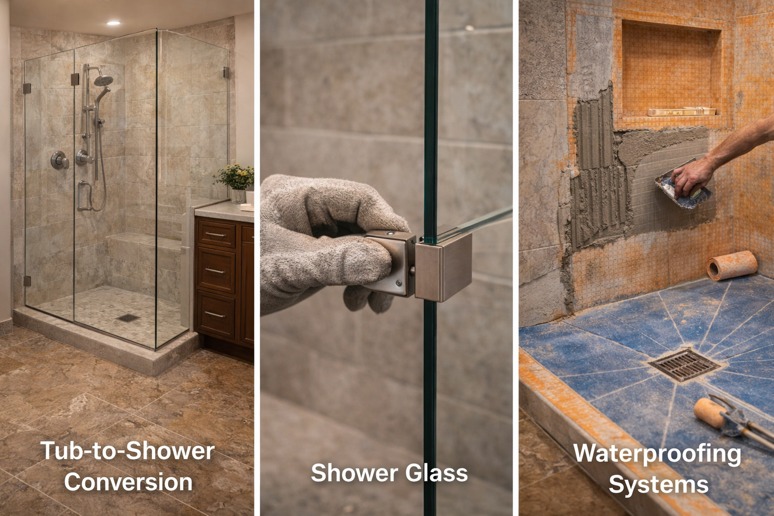 Related shower remodel topics covering shower tile, drains, glass enclosures, pans, and waterproofing details