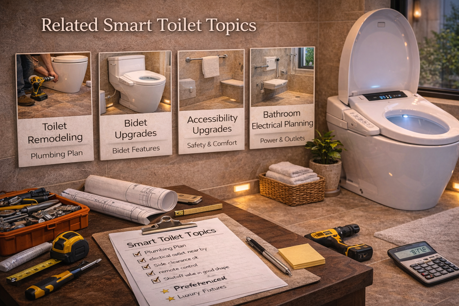 Related smart toilet topics covering bidet toilets, wall-mounted options, bathroom upgrades, and modern fixture planning