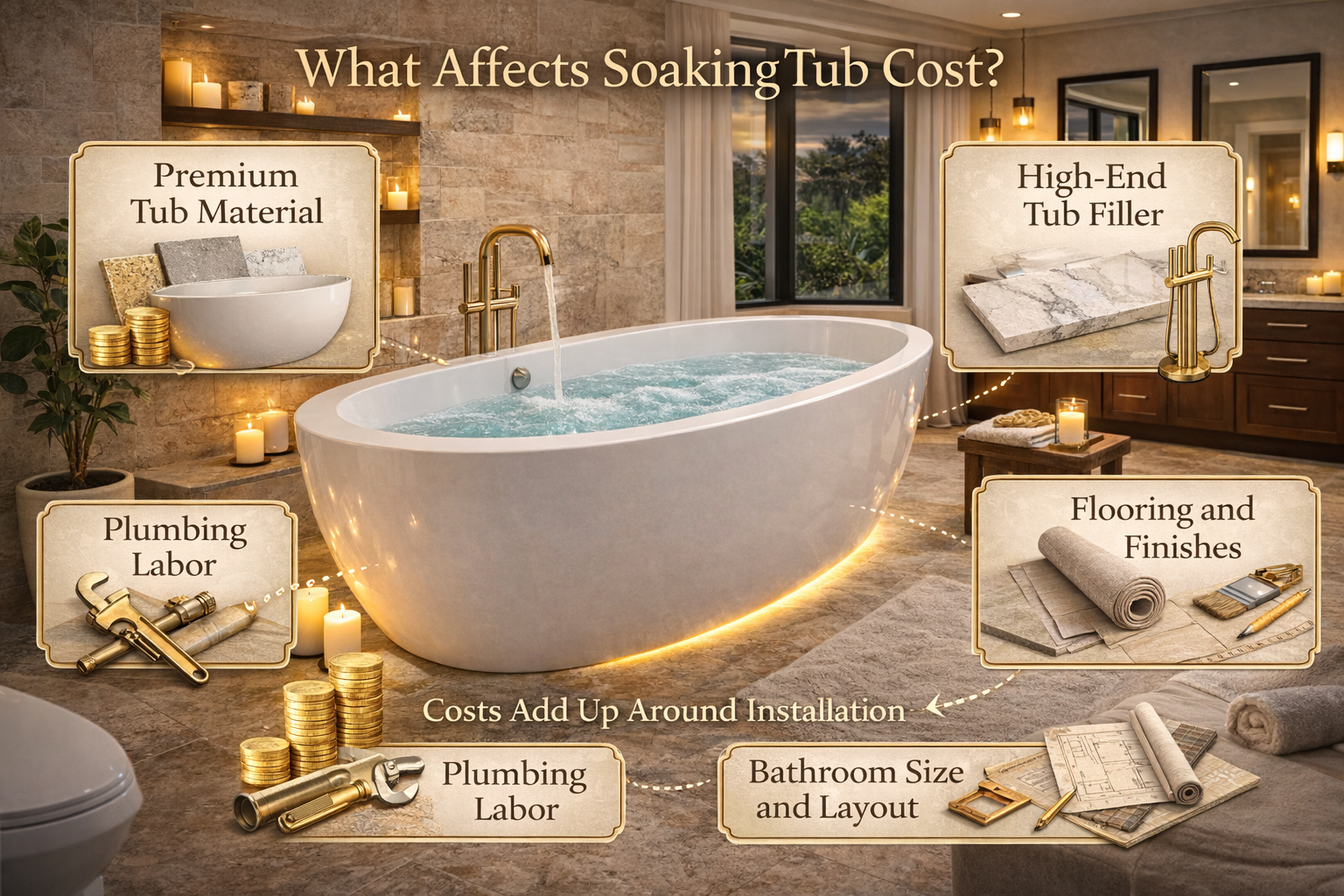 Related soaking tub topics covering freestanding tubs, tub fillers, bathroom layout, and bathing area design details