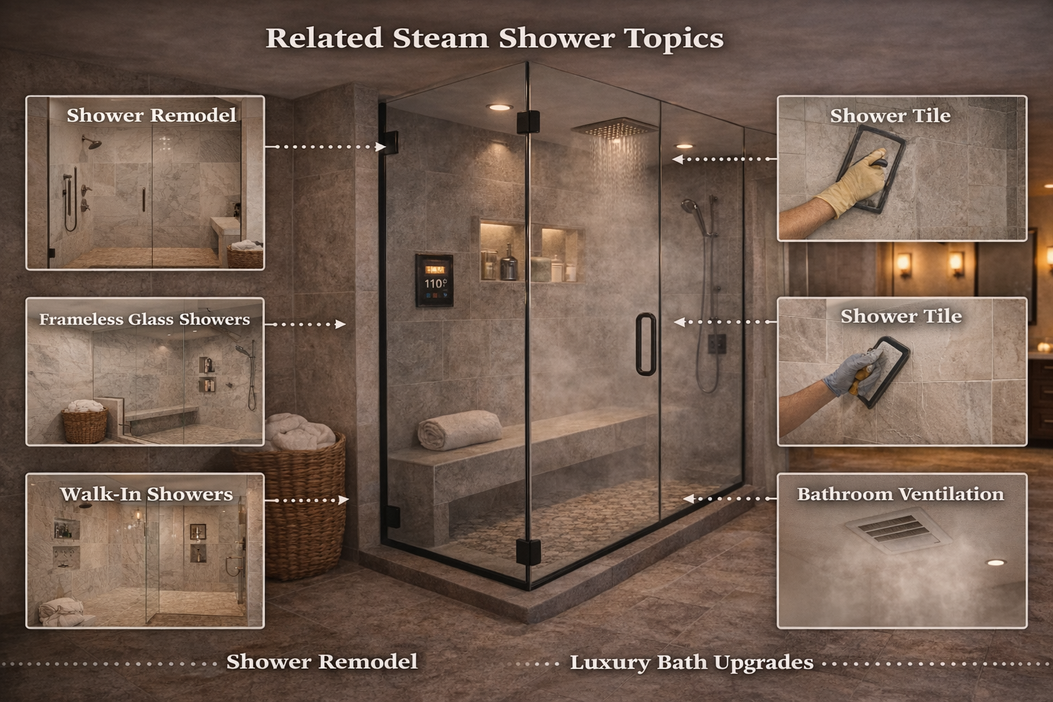 Related steam shower topics covering shower benches, niches, glass enclosures, and waterproofing details