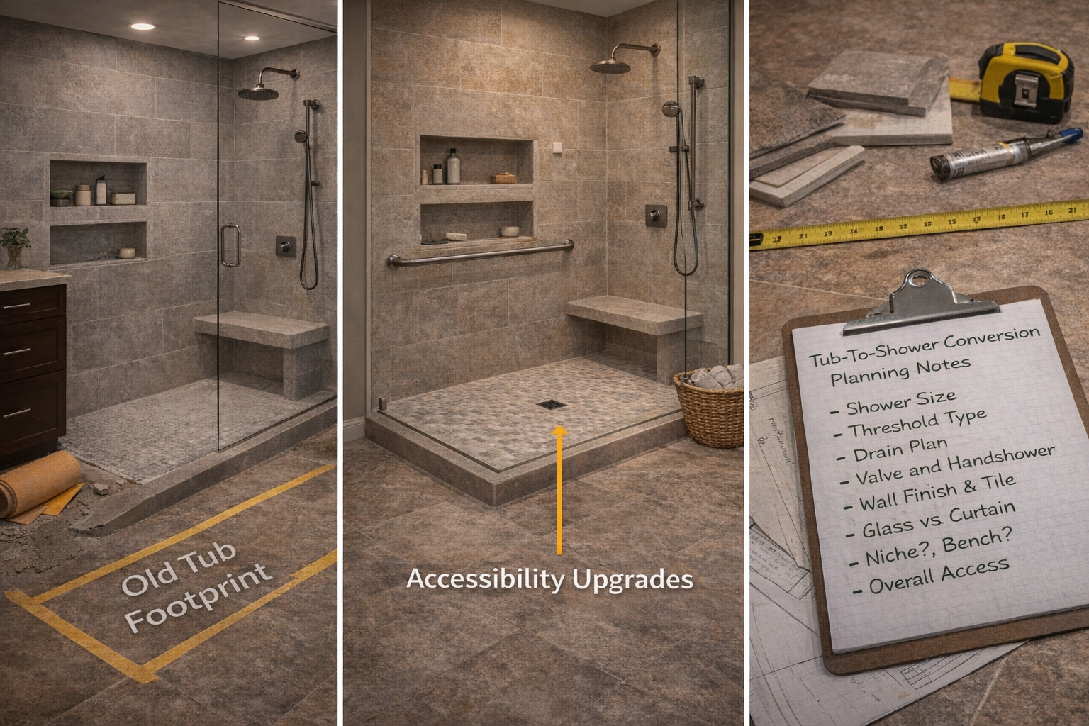 Related tub-to-shower conversion topics covering walk-in showers, accessibility upgrades, shower drains, and bathroom layout ideas