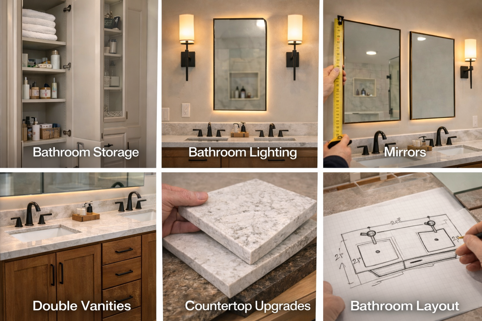 Related vanity remodel topics covering custom vanities, floating vanities, double sinks, mirrors, and bathroom storage