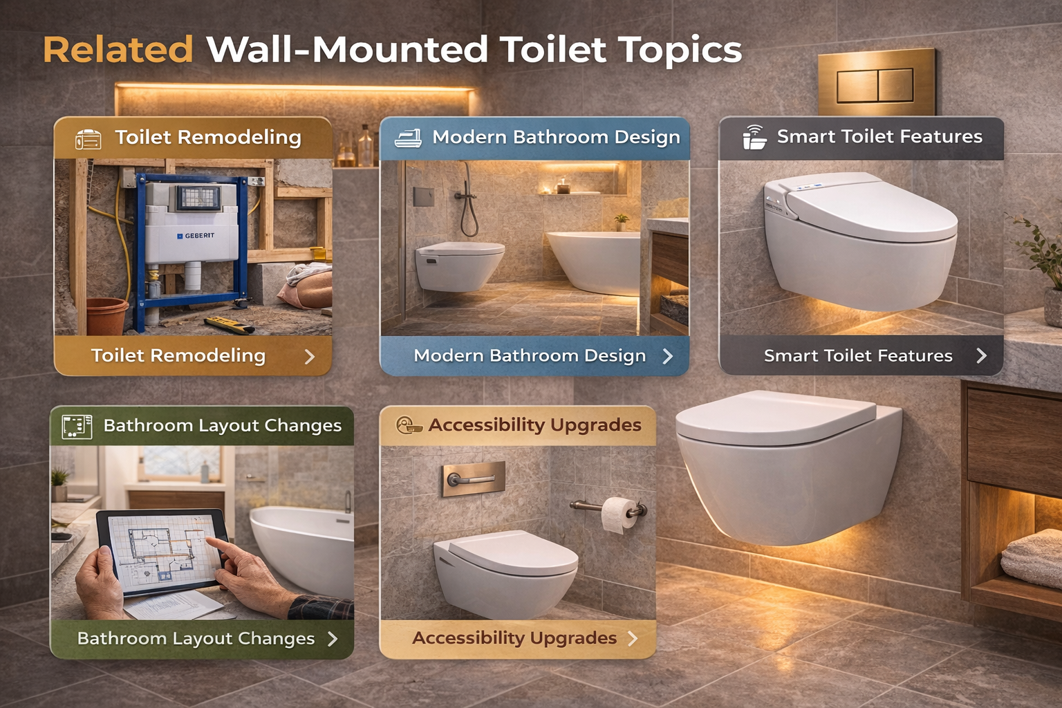 Related wall-mounted toilet topics covering bidet toilets, in-wall systems, bathroom layout, and modern fixture upgrades