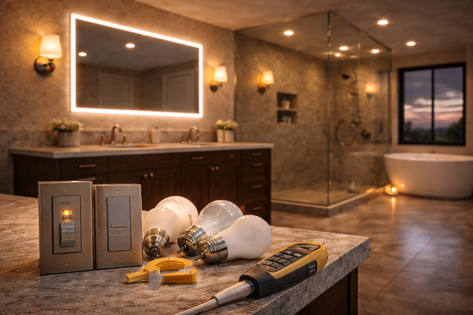 Bathroom lighting planning graphic with fixture layers, vanity light placement, ceiling layout, and control notes
