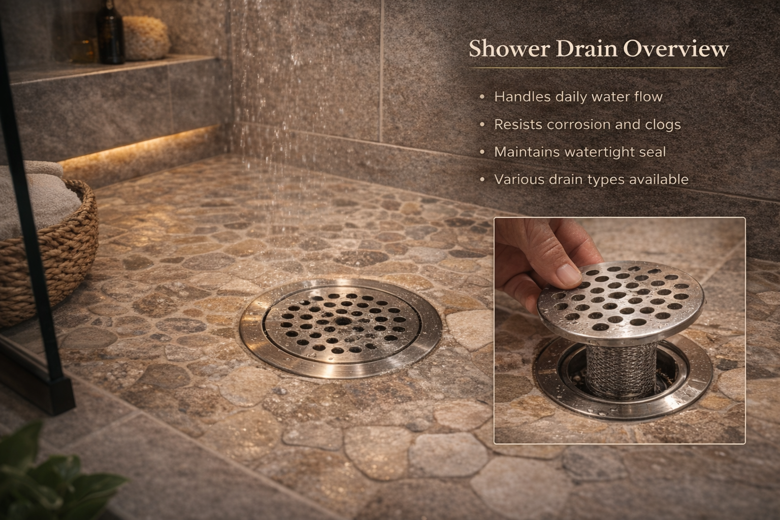 Walk-in shower with a finished drain detail, tiled floor slope, and a clean water-management layout