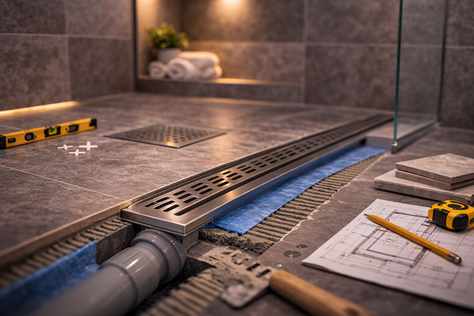 Shower drain planning graphic with drain styles, placement options, floor slope notes, and waterproofing details