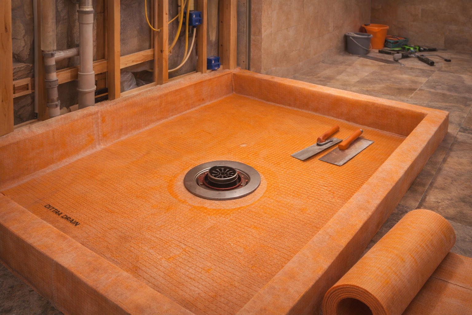 Walk-in shower with a finished shower pan, clean drain placement, low-threshold entry, and coordinated wall tile