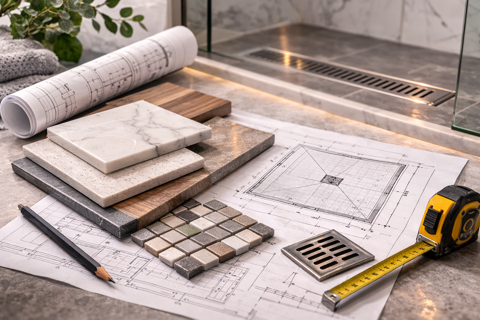 Shower pan planning graphic with base types, drain locations, curb options, and shower layout measurements