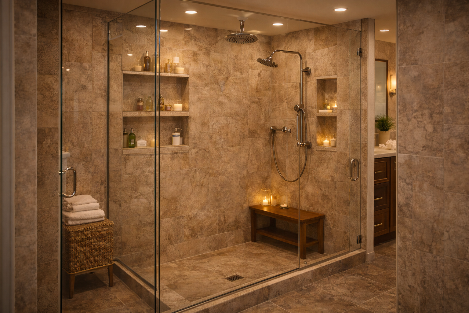 Bathroom shower remodel with updated wall tile, glass enclosure, new fixtures, and a refined shower layout