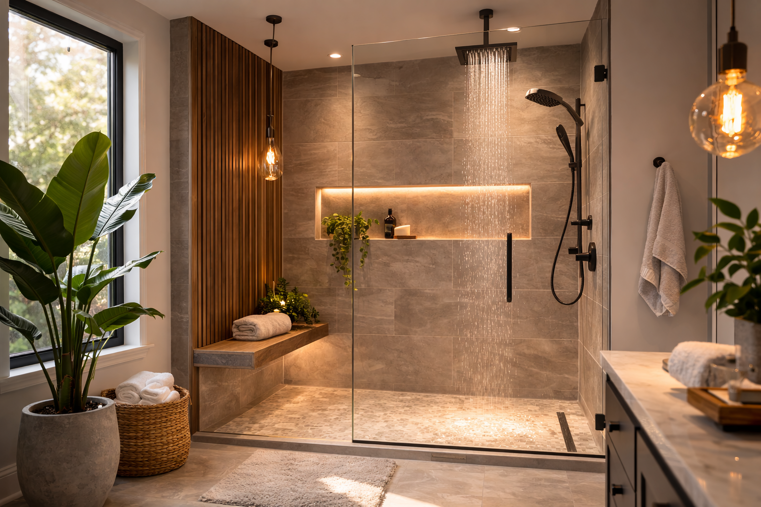 Shower remodel planning graphic with layout options, wall finishes, drain choices, and fixture placement notes