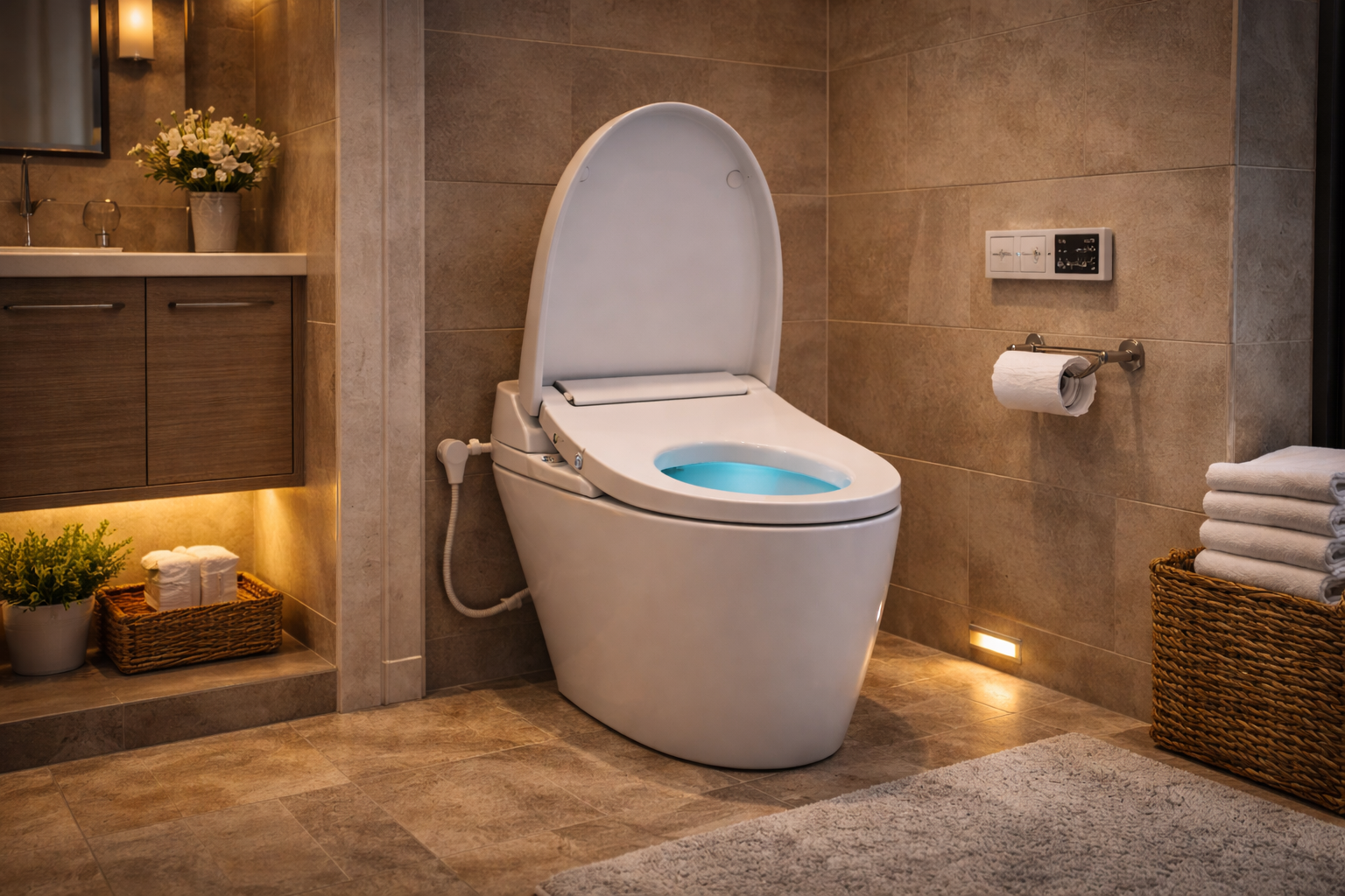 Smart toilet with integrated bidet seat, sleek one-piece design, side controls, and a modern bathroom setting