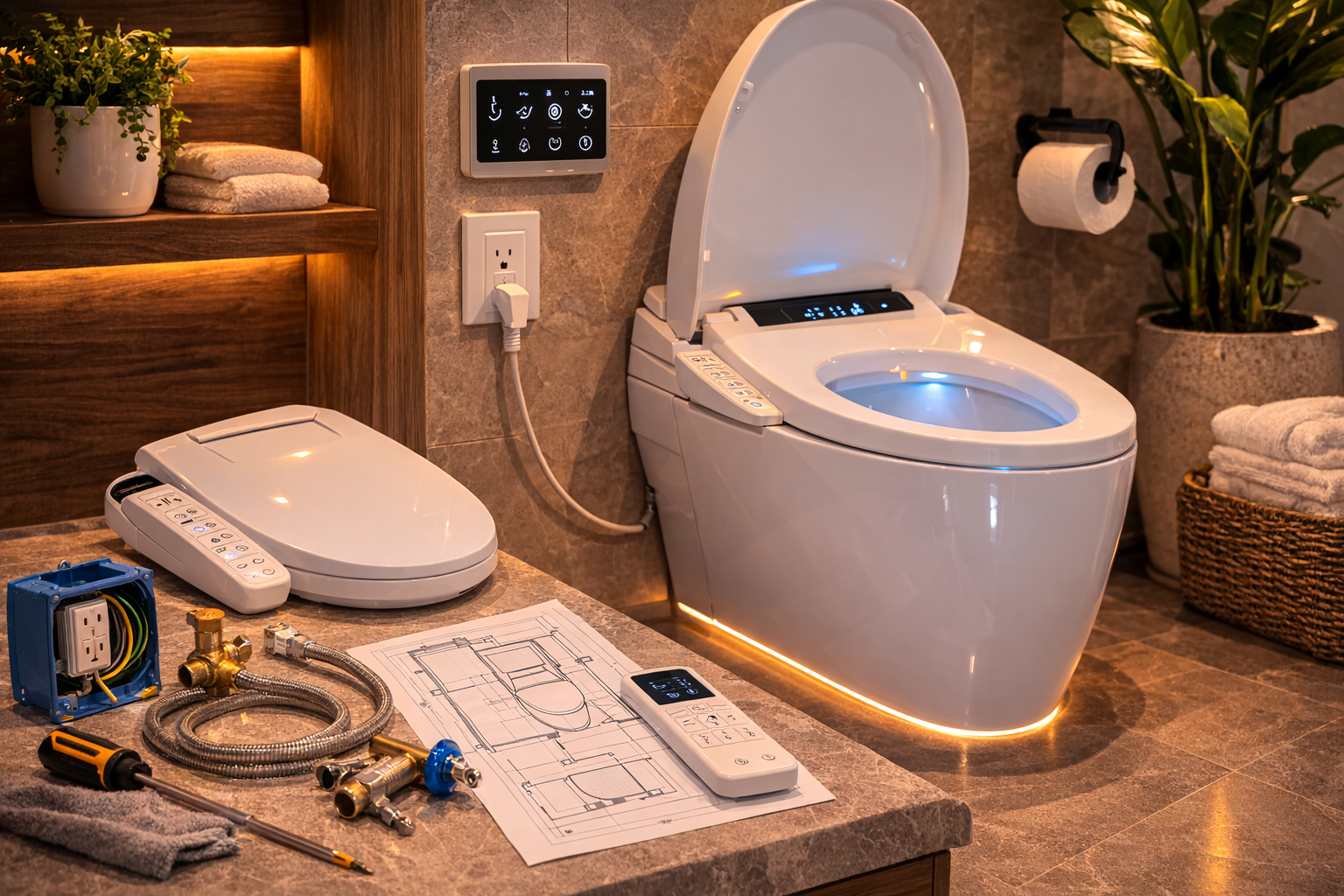 Smart toilet planning graphic with feature comparisons, electrical needs, bidet functions, and bathroom layout notes