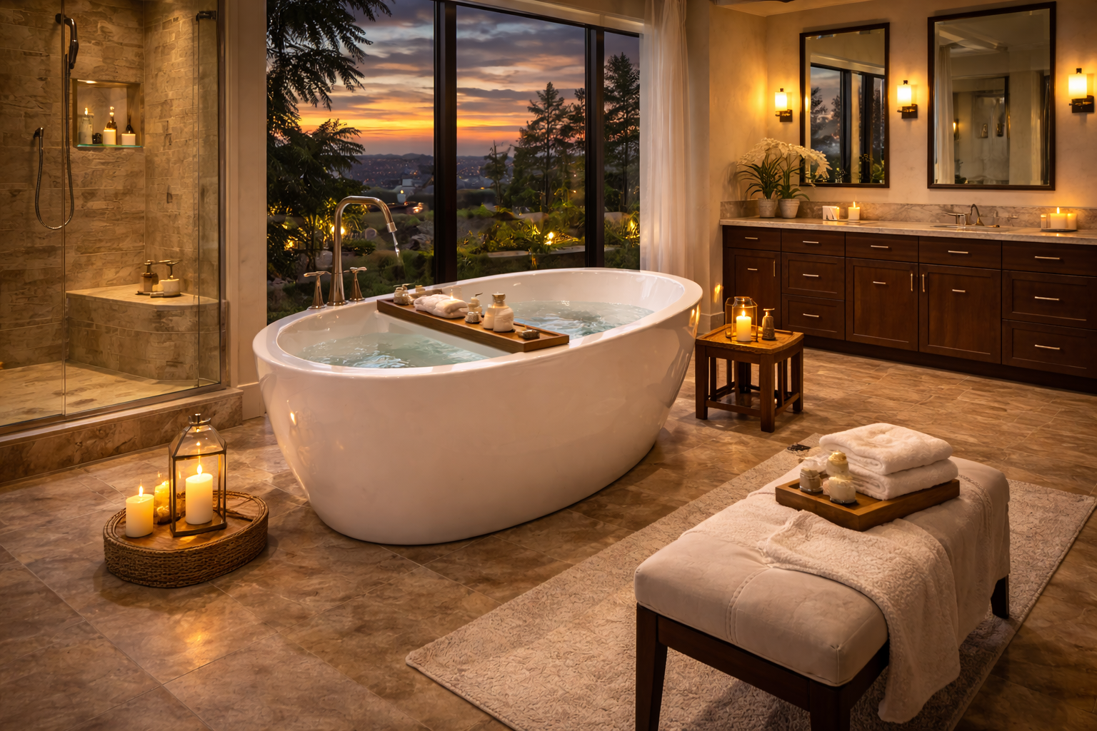 Bathroom with a soaking tub, surrounding floor space, coordinated wall finishes, and a calm spa-style layout