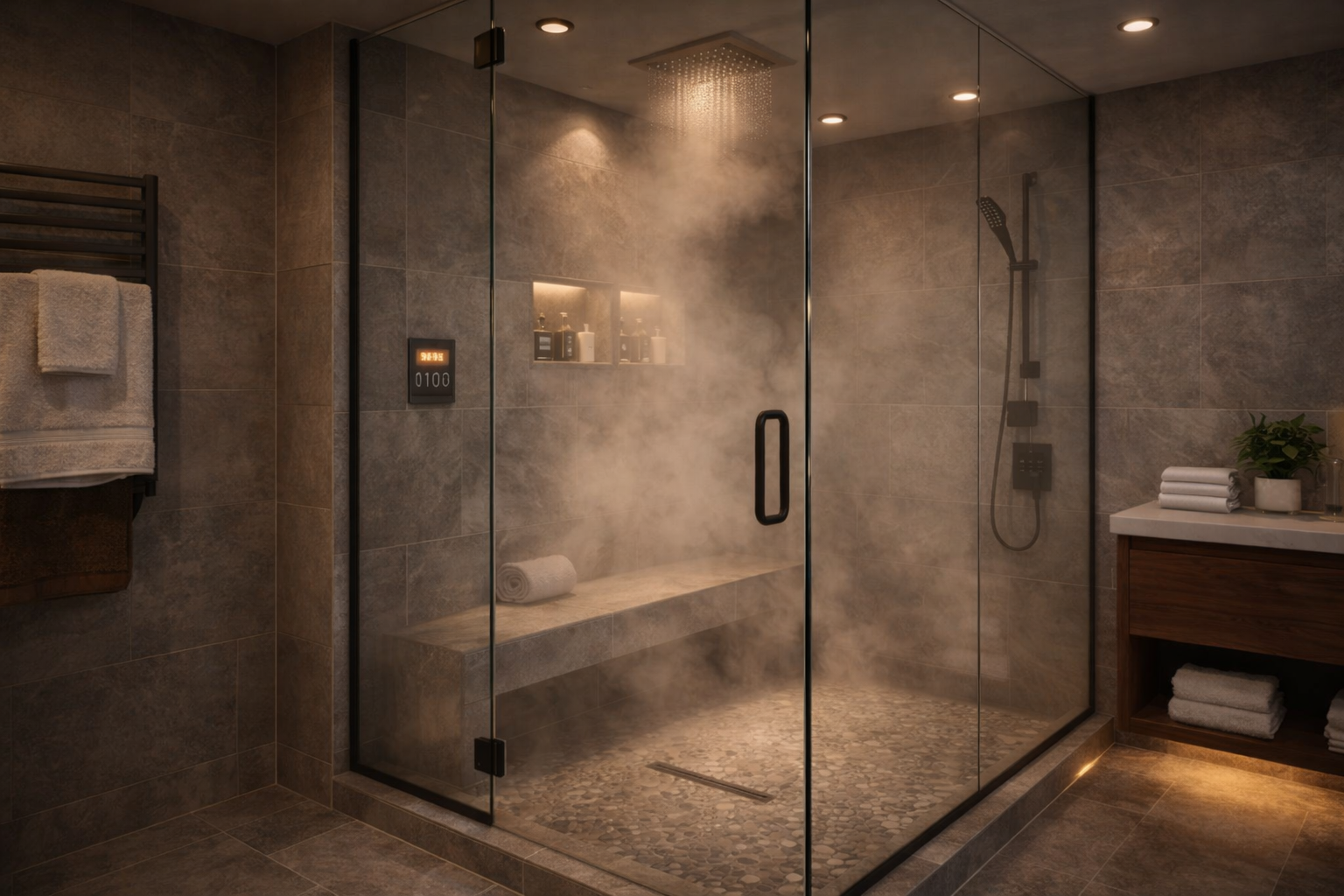 Steam shower with full glass enclosure, built-in bench, large-format wall tile, and a sealed spa-style layout
