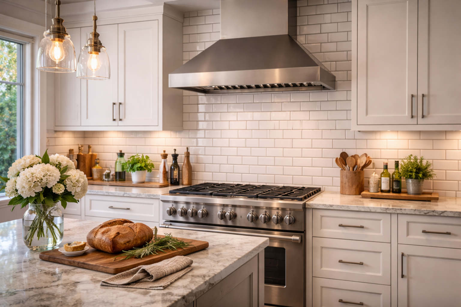 Kitchen subway tile backsplash with contrasting grout and clean wall coverage behind the range