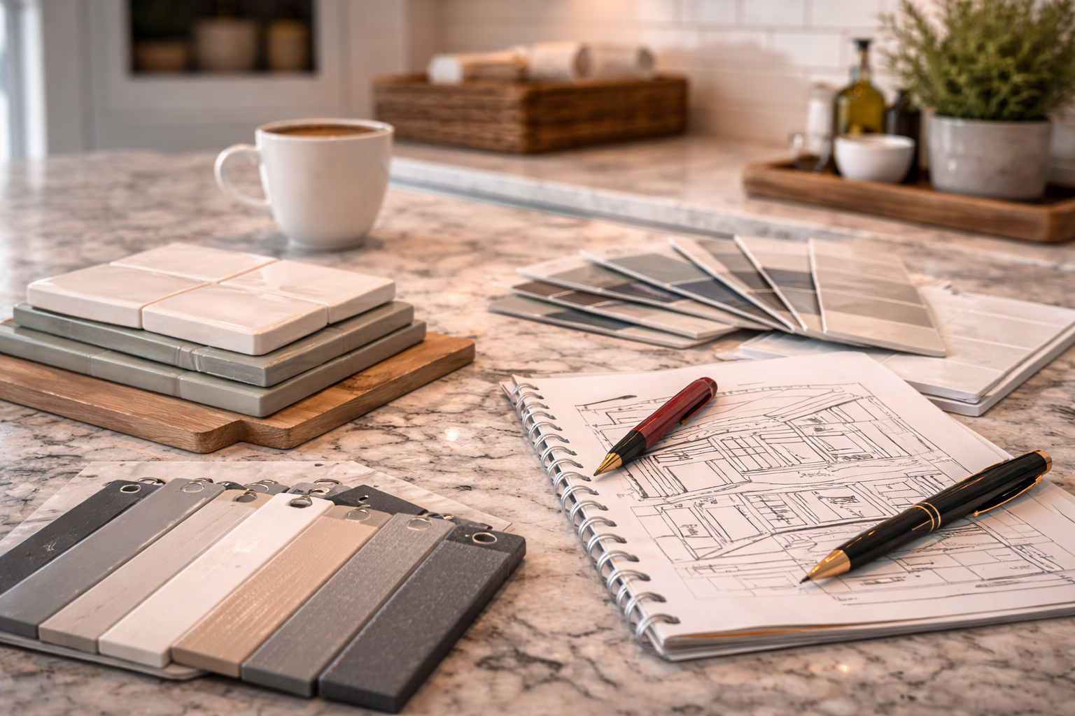 Subway tile backsplash plan with pattern options, grout choices, and edge details