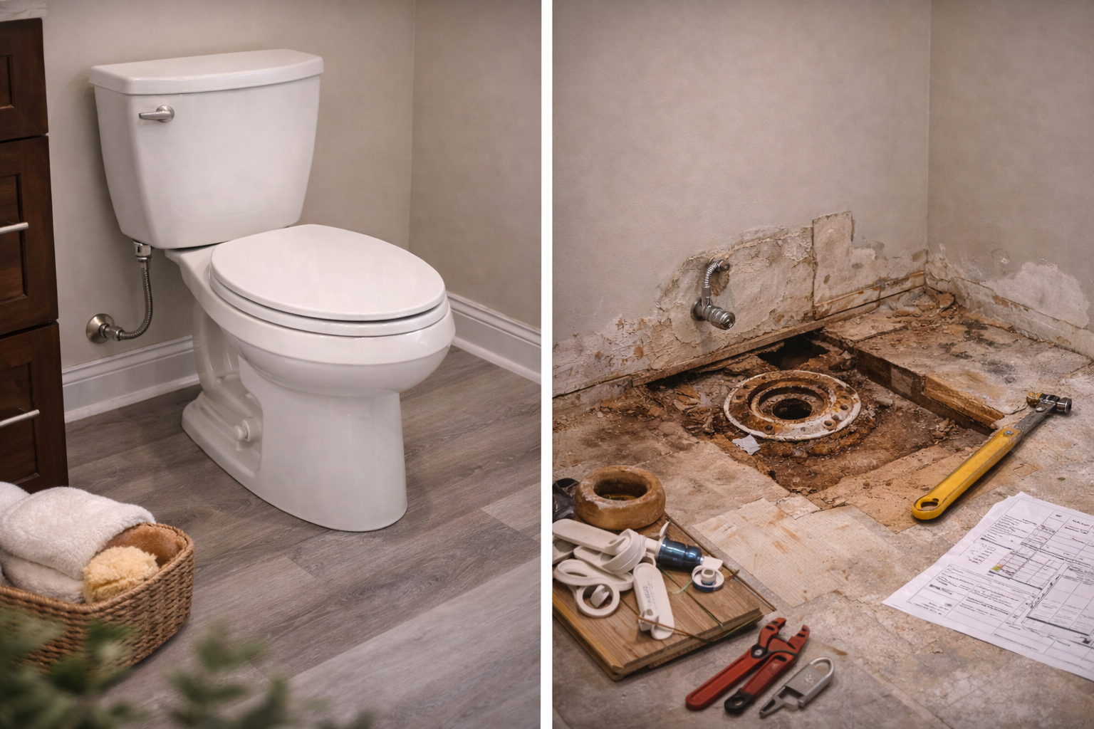 Bathroom toilet remodel with updated fixture, clean wall finish, improved floor area, and coordinated surrounding materials
