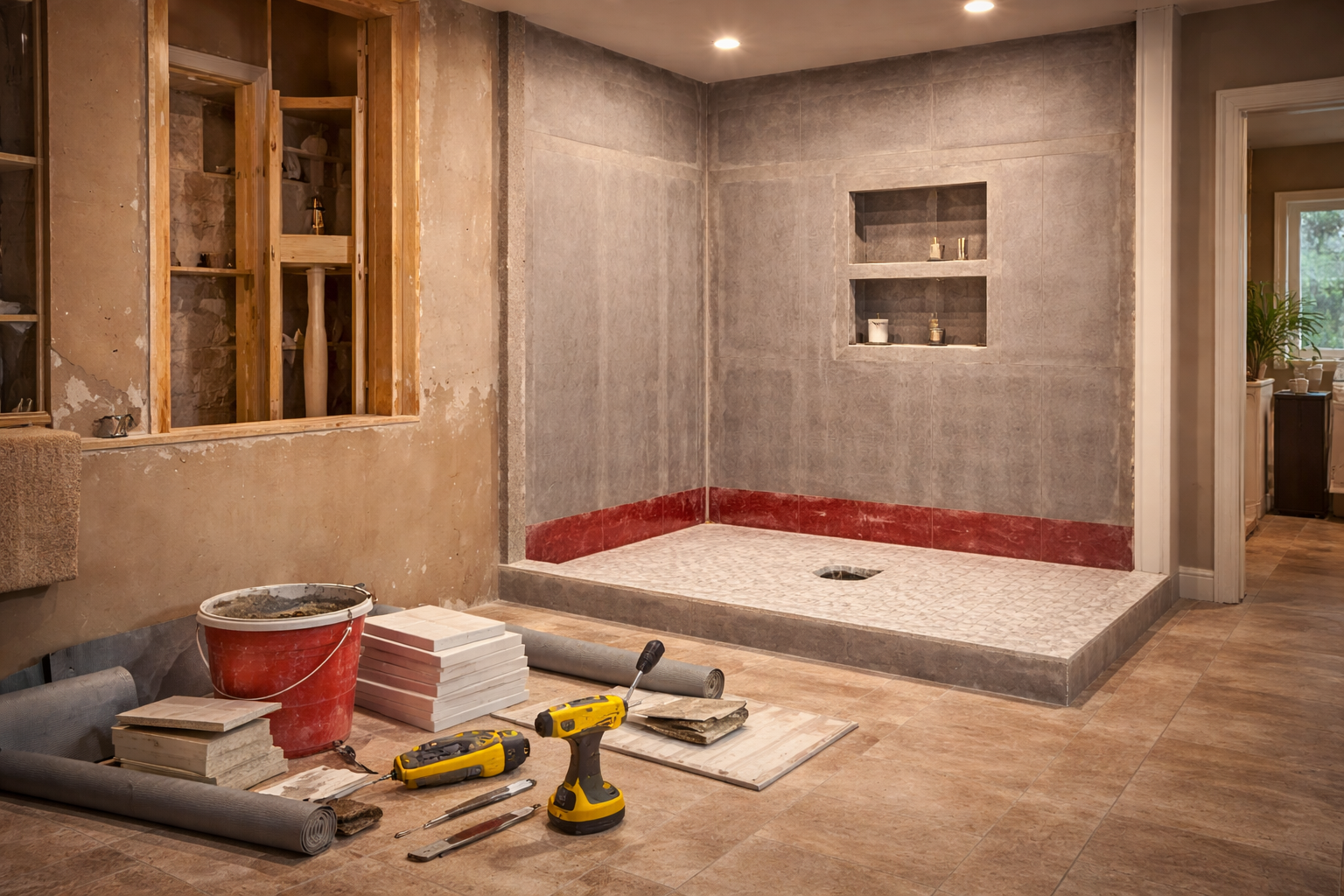 Tub-to-shower conversion with a walk-in shower, marble-look wall panels, built-in niche, and clear glass enclosure