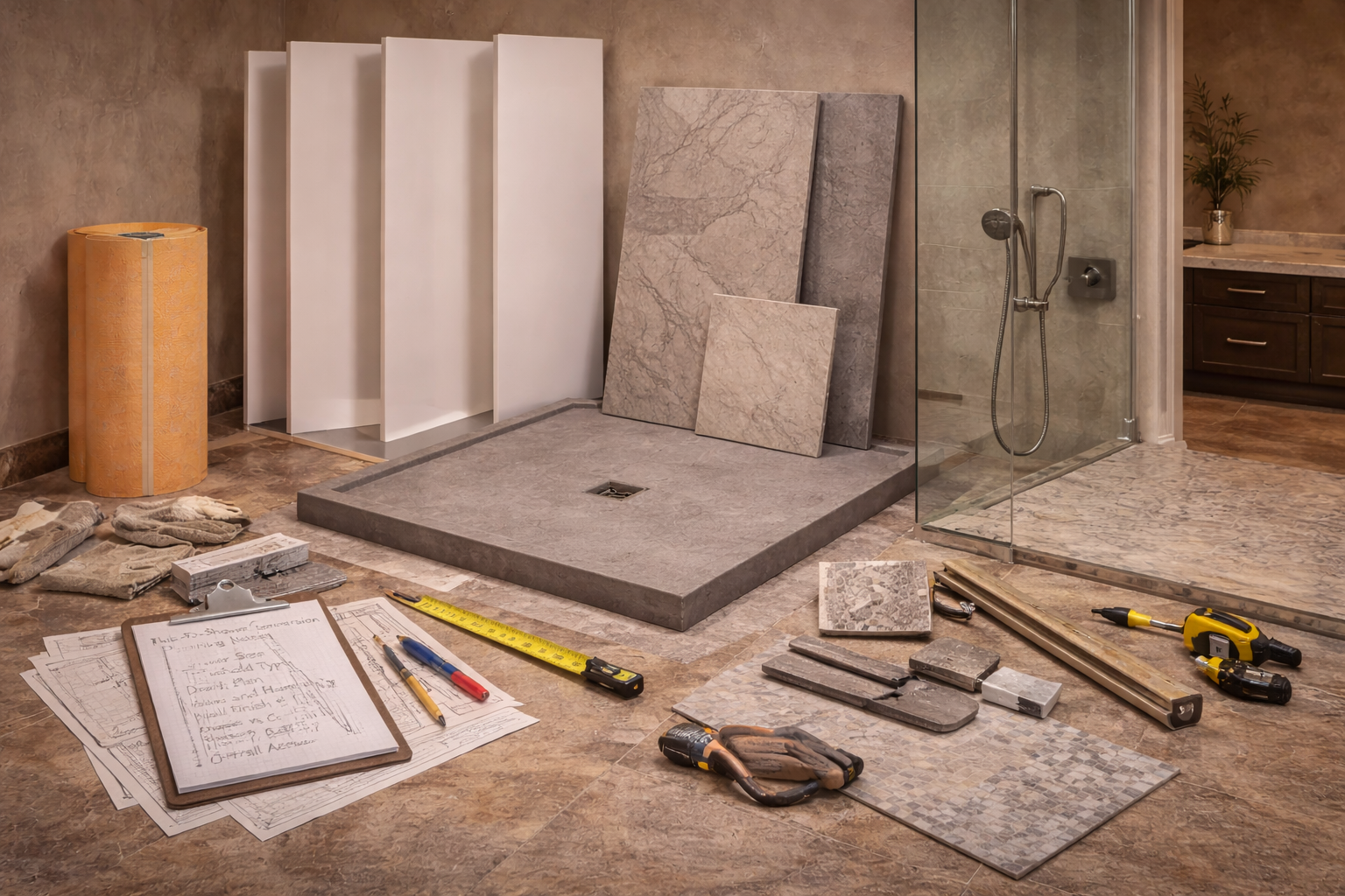 Tub-to-shower conversion planning graphic with bathtub removal notes, shower footprint options, tile samples, and fixture selections