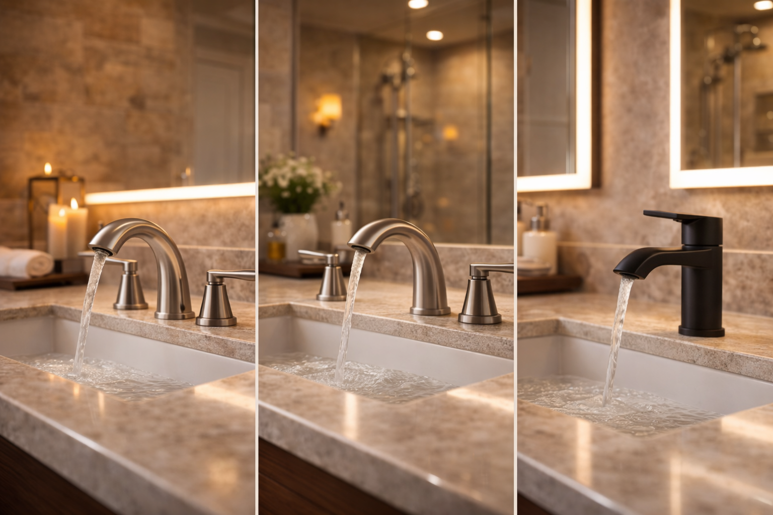 Bathroom faucet options including single-hole faucets, widespread sets, centerset fixtures, wall-mounted faucets, and vessel sink styles