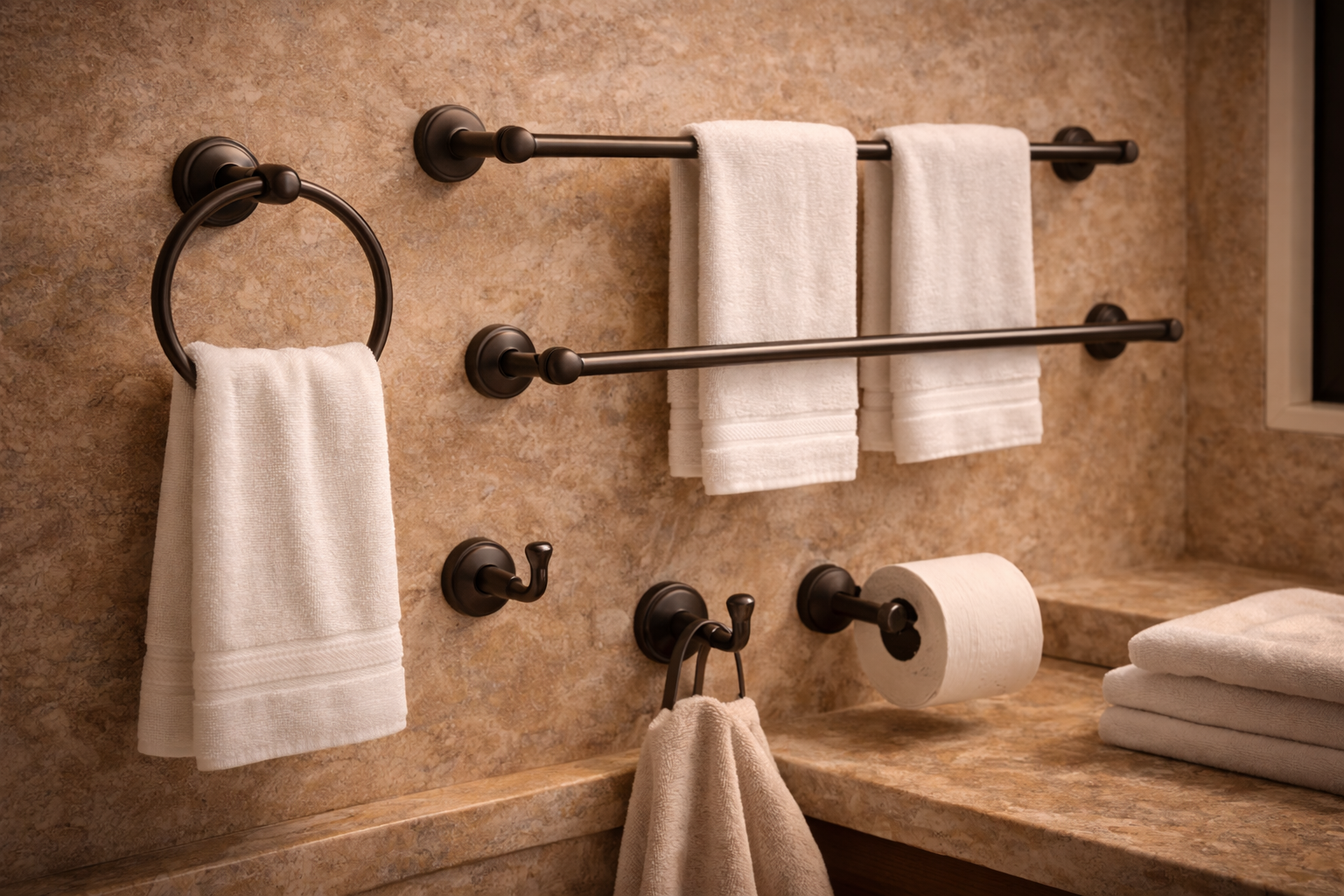 Bathroom hardware options including towel bars, robe hooks, cabinet pulls, toilet paper holders, and shower accessories