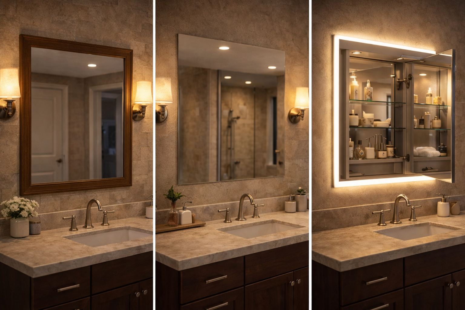 Bathroom mirror options including framed mirrors, frameless mirrors, medicine cabinet mirrors, round mirrors, and oversized vanity mirrors