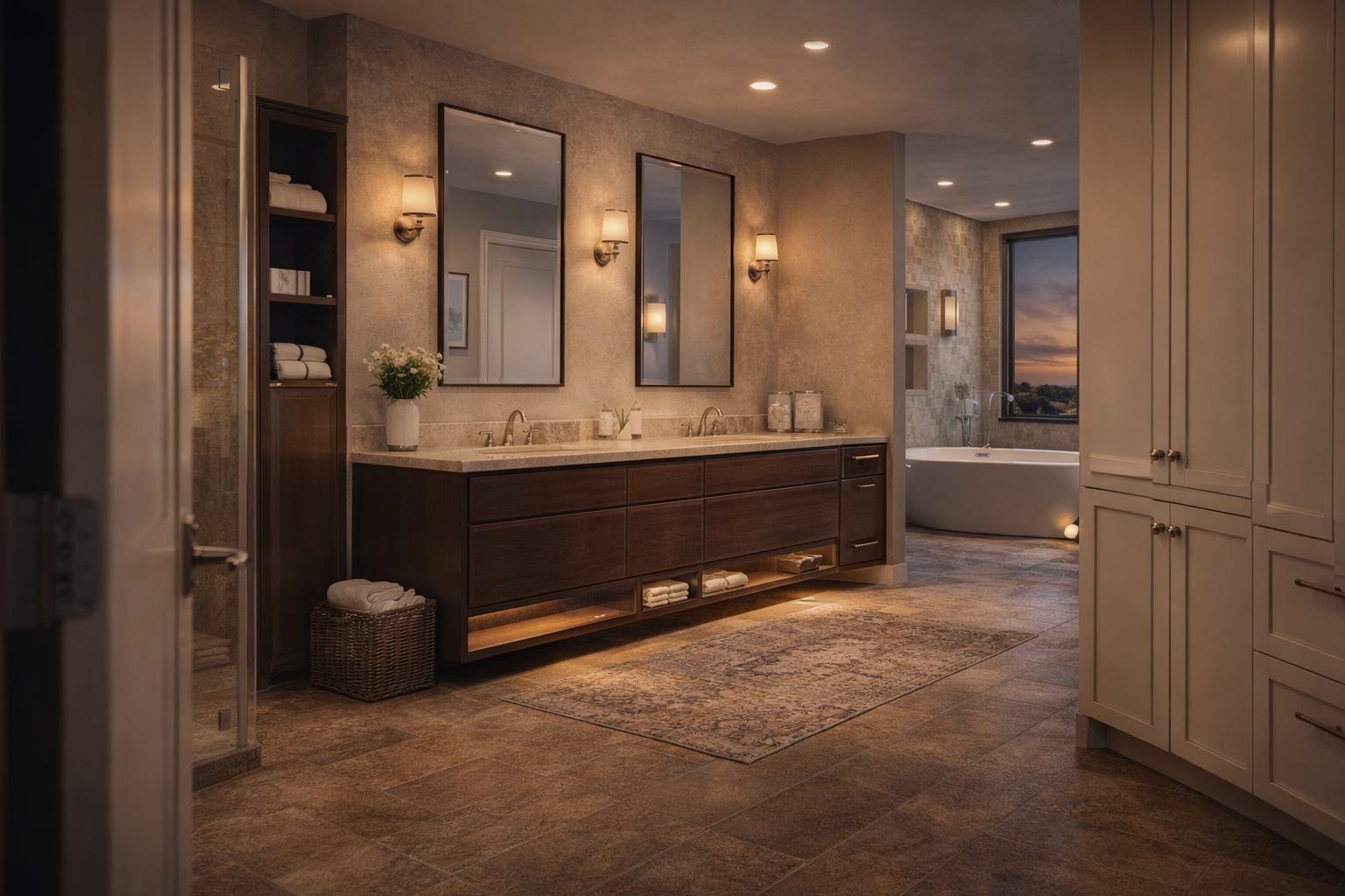 modern bathroom remodel design with double vanity large mirrors built in storage and freestanding bathtub layout