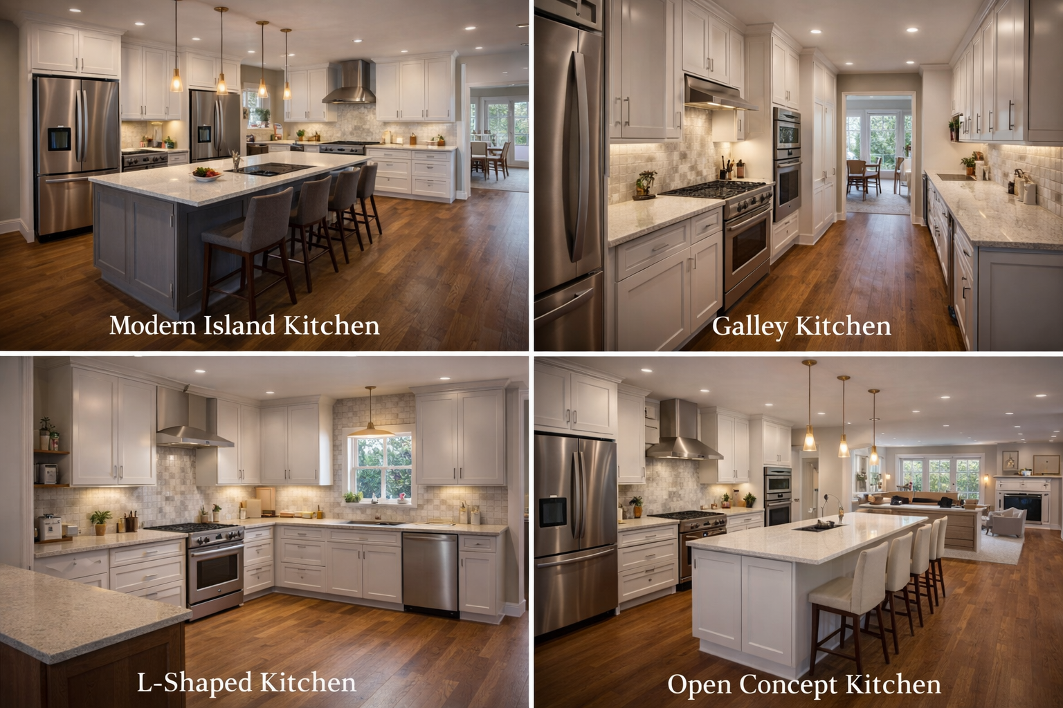 Kitchen remodel options including full layout changes, cabinet updates, island additions, and appliance-centered renovations