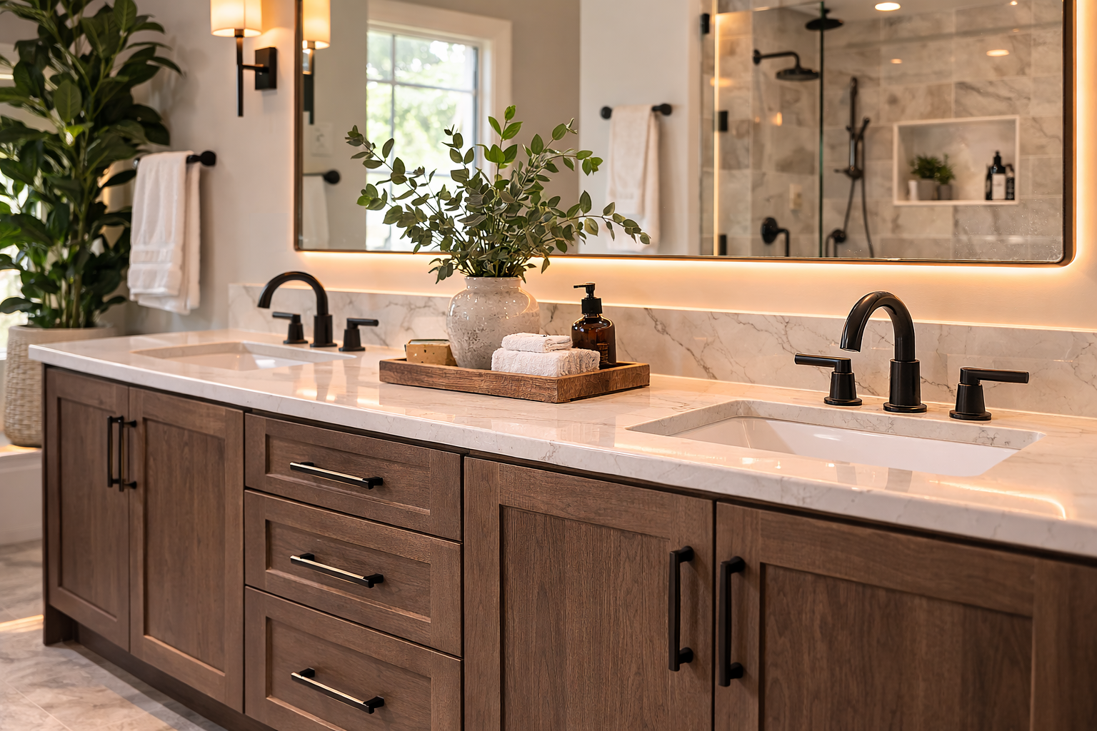 Bathroom vanity remodel with updated cabinetry, stone countertop, framed mirror, sink fixture, and added storage
